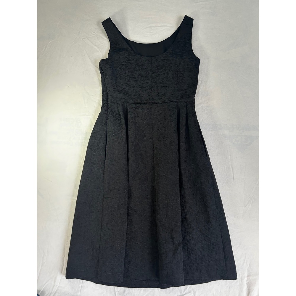 Black Textured Jacquard Sleeveless Fit and Flare Cocktail Dress Lace Trim Hem